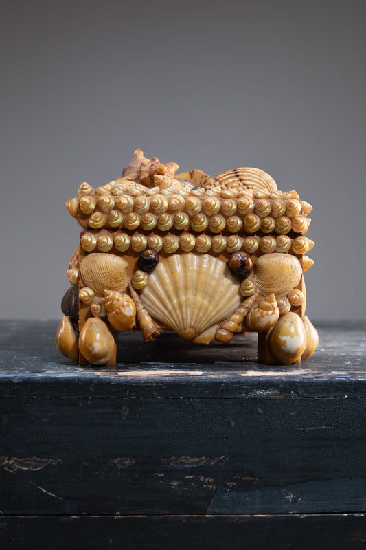 Shellwork Trinket Box, Mirrored Lid, Folk Art