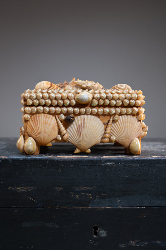 Shellwork Trinket Box, Mirrored Lid, Folk Art